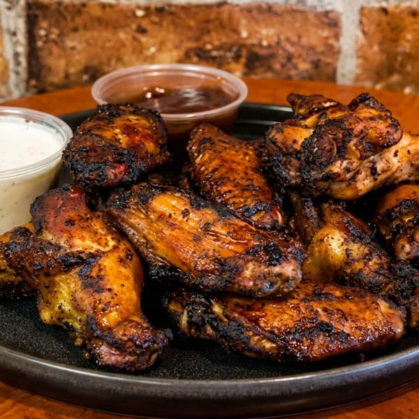 A plate of charred, glazed grilled chicken wings with white and dark dipping sauces.
