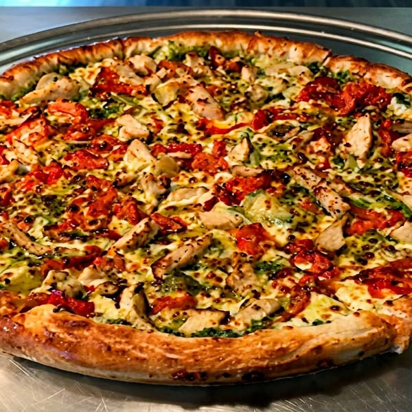 Large pizza topped with chicken, diced tomatoes, pesto, and balsamic glaze on a metal pan.