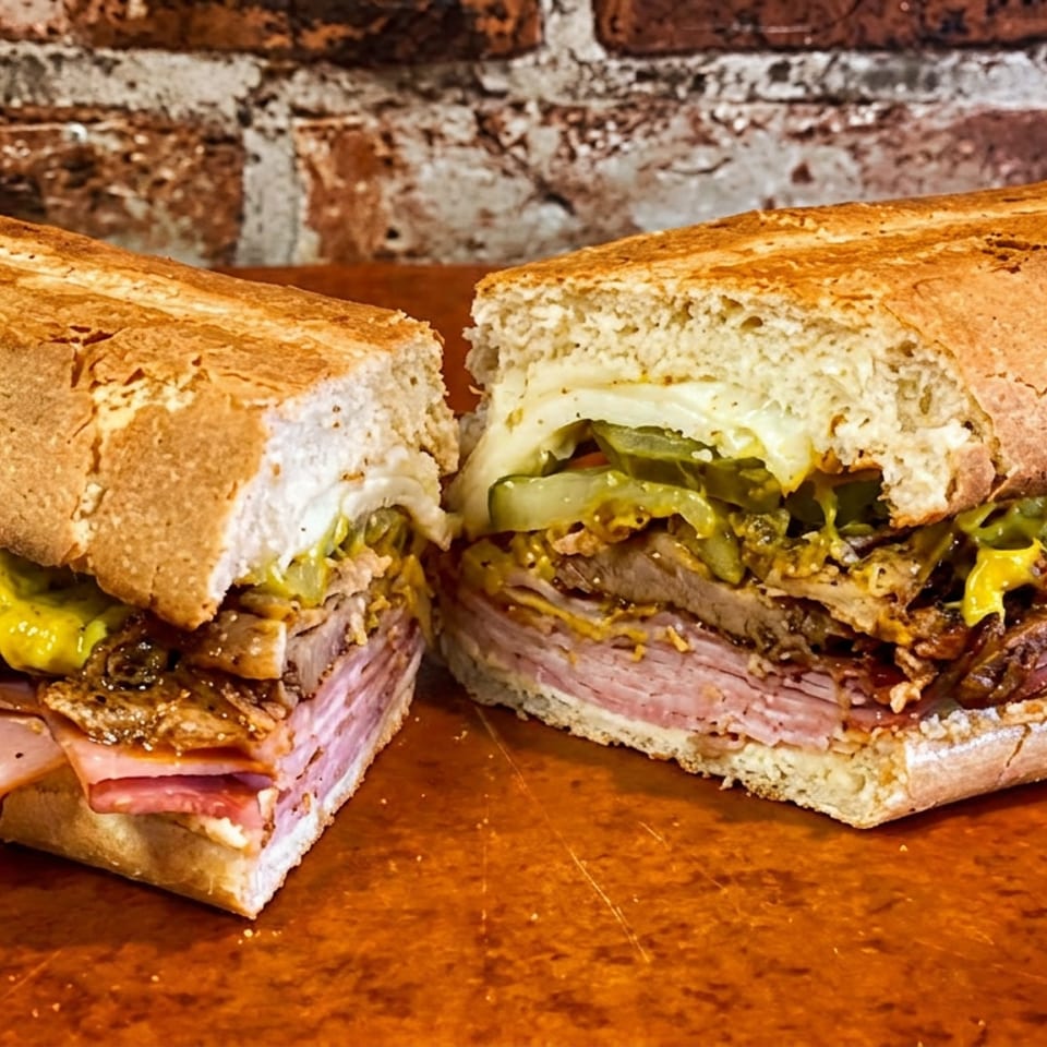Large sandwich, cut in half, revealing layers of ham, roasted meat, melted cheese, pickles, and mustard.