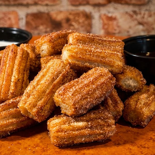 Golden churros coated in sugar and cinnamon, served with white and chocolate dipping sauces.