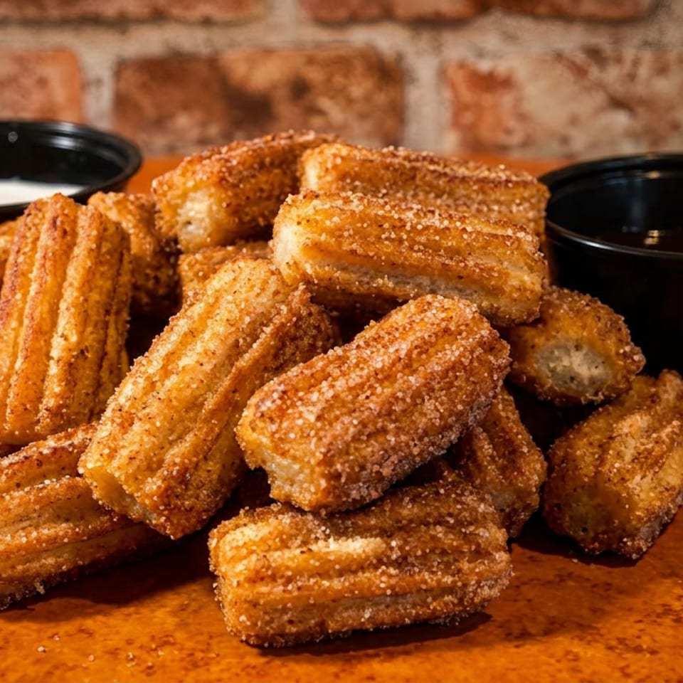 Golden churros coated in sugar and cinnamon, served with white and chocolate dipping sauces.